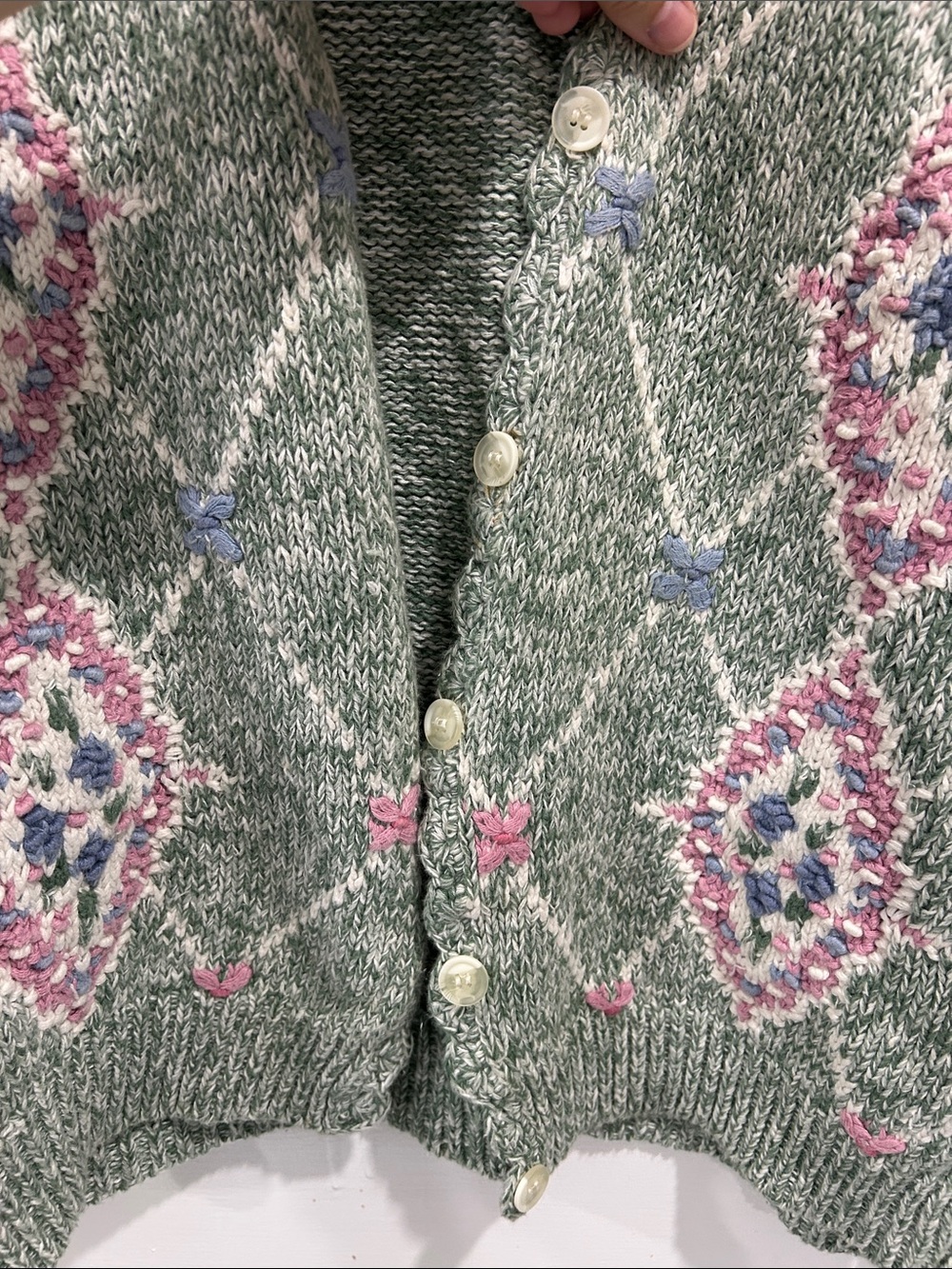 Vintage Ashley Hand Knitted Sage Green Floral Diamond Pattern Cardigan Sweater L - Picture 7 of 8